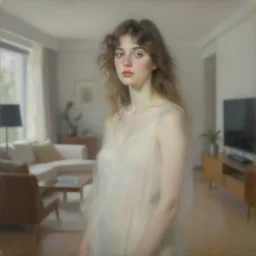 a portrait of beautiful woman, inside a modern apartment, detailed oil painting, misty, ethereal, soft lighting, 8 k, by ruan jia and alphonse mucha