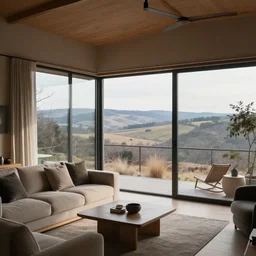 interior design photo of a cosy apartment with glass walls overlooking a vast hilly landscape in winter