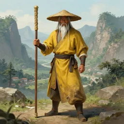 a chinese battle monk, wearing a faded dark yellow toga, straw hat, holding a long wooden staff that is perpendicular to the floor, long white beard, in the background a beautiful valley with mountains, full body shot, highly detailed, fantastical, drawn in the style of marc simonetti