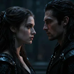 face to face to a dark lord, portrait of a beautiful woman and man looking to each other, high detail, partially in shadow, dark fantasy, sci - fi vibe, face, by gaston bussiere, bayard wu, greg rutkowski, auguste bourotte, bastien deharme, masterpiece, sharp focus, cinematic lightning