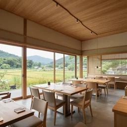 innovative interior design of a restaurant in rural Japan, neutral wooden materials, floor-to-ceiling windows with views of nature