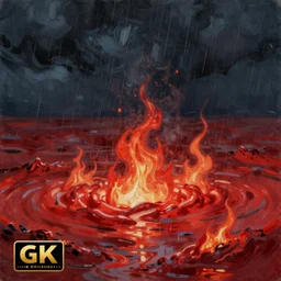 a boiling and flaming red sea, illustration, raining, dark and moody lighting, at night, digital art, oil painting, fantasy, 8 k, trending on artstation, detailed