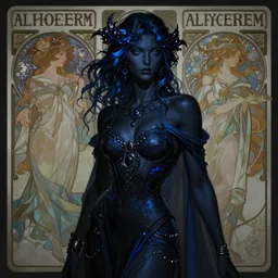 a matte painting of a beautiful black blue, dark fantasy, in the style of artgerm and alphonse mucha and myles birket foster, concept art, high octane, elegant, highly detailed, digital painting, trending on artstation, sharp focus, illustration