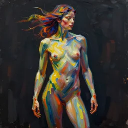 very dark background, a thin, athletic physique man's body made of bright colored thick flowing dramatic brush strokes, no face, strong wind, matte colors, impressionist, extreme motion, trending on artstation