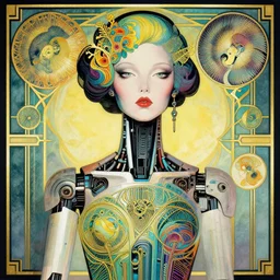 Portrait of a female robot, art deco design, by Mandy Jurgens and Warhol, Ernst Haeckel, James Jean, artstation, concept art,