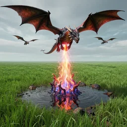 a lush green field, with dragons flying overhead, a sense of awe,, monogon, plasma display, glossy, charred, water, ray tracing reflections, in a symbolic and meaningful style,