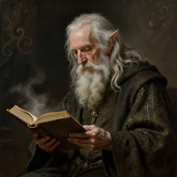 a 1 3 th century, enigmatic, melancholic, fae wizard ( look like ( ( eighty years old christopher lee ) ), is ( ( reading an old book ) ). light dust, magnificent, hyperdetailed, theatrical, painted by nancy ekholm burkert