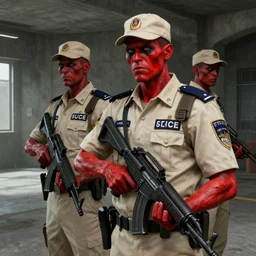 zombie security guard officers in beige uniform and caps with background brutalist concrete interior trending on artstation digital painting highly detailed ( glow red skin ) 4 k 8 k holding bullpups hd by greg rutkowski
