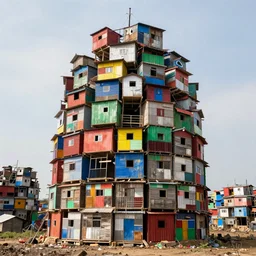 a tower made up of colourful makeshift squatter shacks of different sizes, dystopia, sony a 7 r 3, f 1 1, fully frontal view, photographed by jeanette hagglund, ultra detailed,