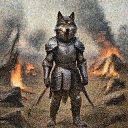 anthropomorphic furry wolf in armor standing in front of a burning village, 1900s film scene