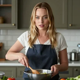 portrait of Margot Robbie cooking while wearing kemben, by Charlotte Grimm, natural light, detailed face, CANON Eos C300, ƒ1.8, 35mm, 8K, medium-format print