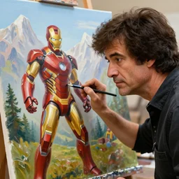 a closeup photorealistic photograph of bob ross diligently completing a canvas painting with iron man on the canvas. mountains and trees. film still. brightly lit scene. this 4 k hd image is trending on artstation, featured on behance, well - rendered, extra crisp, features intricate detail, epic composition and the style of unreal engine.