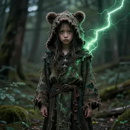 character and environment design, portrait 2 0 - year - old dark fantasy female druid, tattered bear hood and robe, green lightning, zeiss 3 5 mm photography