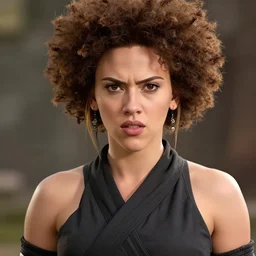high description fidelity, high description consistency, scarlett johansson with angry expression as a ninja in afro samurai anime. dramatic lighting, anime style, pencil and ink manga drawing, centered in panel, 3 panel action scenes