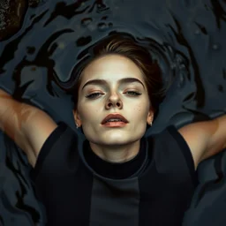 close up of face of fashion model floating in water of a stream, top view, wearing prada dress, harper's bazaar editorial, highly detailed