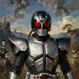a realistic painting by Raffaello Sanzi depicting the Kamen Rider Ichigo with the head of the symbiotic Venom in the Renaissance.