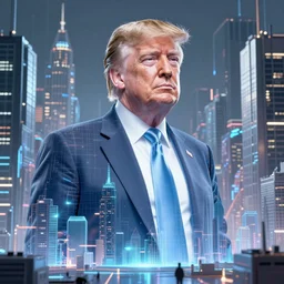 donald trump as a large hologram in a cyberpunk city, cinestill 8 0 0 t