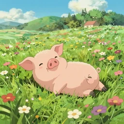 cute and adorable piglet resting on a beautiful flower valley by makoto shinkai, miniature pig, summer, studio ghibli, hayao miyazaki, takashi takeuchi, akihiko yoshida, funimation, key anime visual, anime poster, 8 k, highly detailed, rendered, concept art, trending on artstation, pixiv daily ranking