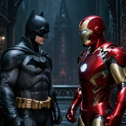 batman and iron man meeting in a dark gothic city, very detailed, ultra realistic, cinematic