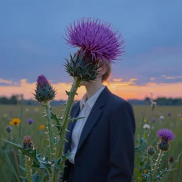 great thistle flower under head, a girl in a suit in field of flowers, surreal photography, sunrise, blue sky, dramatic light, impressionist painting, digital painting, artstation, simon stalenhag