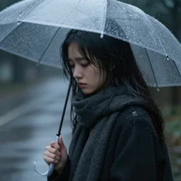 a sad girl in a rainy afternoon. digital art. highly detailed, intricate harmony, moody lighting. focus.