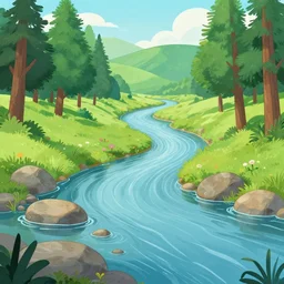 a beautiful landscape, river, rocks, trees, cartoon