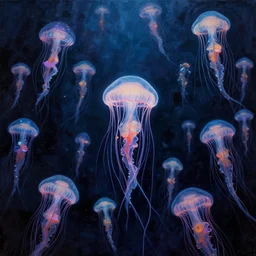 a thousand little jellyfish flying through the sky!!! different realm, cinematic, dark fantasy, acrylic palette knife, high detail, hyper realism, ray tracing, 4 k resolution, 8 k resolution, full hd, neon, realistic painting by junji ito, laurie lipton and michael whelan, salvador dali