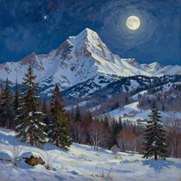 mountains, trees, beautiful nature, winter, night, stars, moon, snow, very detailed, focused, oil painting, colorful, canvas, artstation, Sydney Mortimer Laurence, Albert Bierstadt