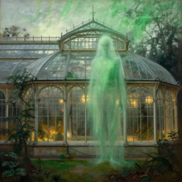 a beautiful painting of a large overgrown victorian greenhouse with an eerie green translucent ghost and with large windows, warm lights, evening, stunningly beautiful architecture, by john atkinson grimshaw