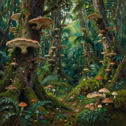 tropical forest covered in fungus, extremely detailed oil painting, rhads, sargent and leyendecker, savrasov levitan polenov, bruce pennington, studio ghibli, tim hildebrandt, digital art, landscape painting, trending on artstation, masterpiece