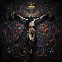 portrait of crucifix undead lord in sinister ambience, in style of dark fantasy art, in style of Midjourney, stylized, detailed and intricate, mandelbulber fractal, elegant, ornate, horror, elite, ominous, haunting, beautiful digital painting, cinematic, cgsociety, H.R. Giger, Zdizslaw Beksinski, vivid chromatic colors and vibrant outlines