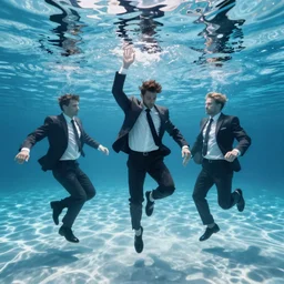 men in business suits dancing underwater in crystal clear water, 4K photo