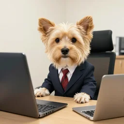 a crazy dog in a suit going to work
