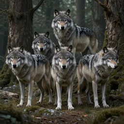 Hyperdetailed Digital Matte Paiting of pack of gray wolf, old forest, in style of Cyril Rolando, Dan Mumford, M.W Kaluta, 8k resolution, global illumination, zbrush central contest winner, awe, masterpiece, beautiful