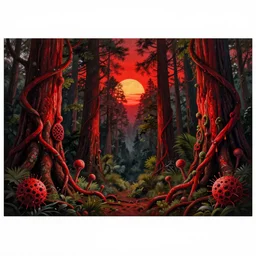 landscape painting of redwood forest overrun with red alien vines and cancerous tumor pufball mushrooms with an ominous red sunset, by Beksinski and Ansel Adams and Greg Rutkowski and Moebius