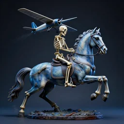 a scuplture of a skeleton riding a horse with a model aeroplane crashing into it, haunted, in the style of dali, plastic, blue, hyperdetailed, ultra realistic, octane render, 8 k, cinematic, atmospheric lighting, dark volumetric lighting