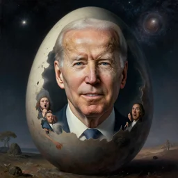 portrait of immense, majestic, surreal, terrifying joe biden emerging from the cosmic egg, perfectly clear face, by j. c. leyendecker, alex grey, anato finnstark, bosch, and beksinski