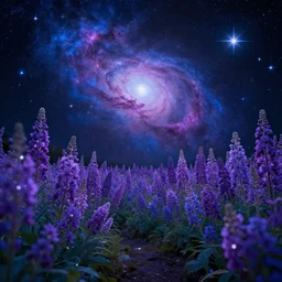 garden of stars, purple flowers, blue flowers, lights, nebula, astral, hyper detailed, hyper realistic