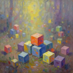 colorful cubes growing on the grond. gouache fairytale art, russian romanticism, muted palette, psychedelic art, backlighting, depth of field