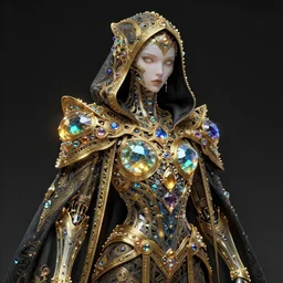 cybernetic crystal assassin, award winning concept art, realistic matte, intricate linework, beautiful spectrum of colorful gems on dark intricate armor cloak, cyborg, clear focus portrait, glowing, baroque, hooded, ornate!!! golden, futuristic, detailed, moody, magical, wlop, chebokha, rutkowski, artgerm, shinkai