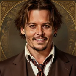 close up of johnny depp smiling wearing a brown suit and necktie, focus, d & d, intricate, elegant, highly detailed, digital painting, artstation, concept art, matte, sharp focus, illustration, hearthstone, art by artgerm and greg rutkowski and alphonse mucha