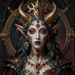 realistic vibrant ultra clear sideview waist up portrait of mysterious female demon by marc simonetti mike mignola jeff easley peter elson rene magritte, embellishments by maria sibylla merian, symmetry face, baroque, gothic, surreal, highly detailed, intricate complexity, epic composition, masterpiece award winning artstation