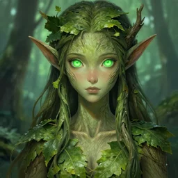 greg manchess a realistic anime portrait of a beautiful dryad with glowing green eyes and tree bark skin wearing clothes made of leaves, digital painting, by stanley artgerm lau, sakimichan, wlop and rossdraws, digtial painting, trending on artstation