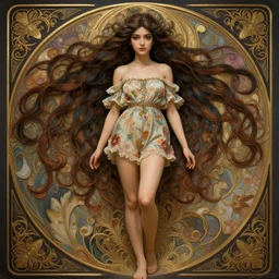 cute akkadian woman with a beautiful face and eyes, long hair, wearing a flowery romper, long legs, fantasy, intricate, full body shot, sexy, highly detailed, digital painting, artstation, concept art, wallpaper, smooth, sharp focus, realistic photo by artgerm and greg rutkowski and alphonse mucha