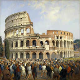 wide view of roman colosseum crowd in a fervor, impressionistic, by henri rousseau