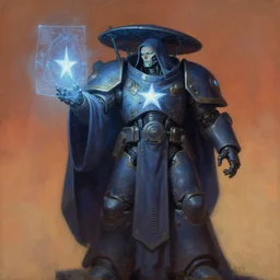 painting of a sentient star as a cloaked tech priest projecting a hologram, adeptus mechanicus, cybernetic enhancements, zdzislaw beksinski, lewis jones, dariusz zawadzki, wayne barlow, warhammer 4 0 k, cold hue's, warm tone gradient background, concept art, digital painting
