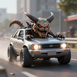 deathclaw, monster driving the car, wide lens, 2 4 mm