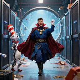 hyper realistic third first image on the scattered absurdity server, dr strange and dr seuss, very pretty, portal hopping and time warping with reckless abandon, by alex grey