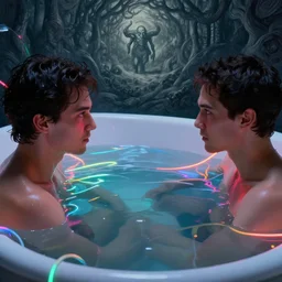 close-up of bathtub full of water, neon, they are watching, RGB, glowing wires everywhere, pristine, by Edgar Maxence and Ross Tran, Zdzisław Beksiński, and Michael Whelan, distant, gustav dore, H.R. Giger, 8k, octane render