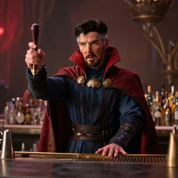 film still of Singular Doctor Strange working as a bartender in the new Avengers movie, 4k